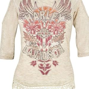 Harley Davidson floral embellished fringe top NWOT
